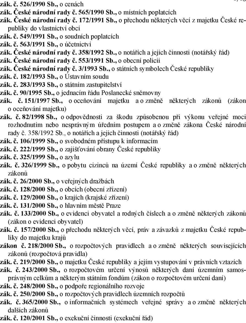 , o notářích a jejich činnosti (notářský řád) zák. České národní rady č. 553/1991 Sb., o obecní policii zák. České národní rady č. 3/1993 Sb., o státních symbolech České republiky zák. č. 182/1993 Sb.