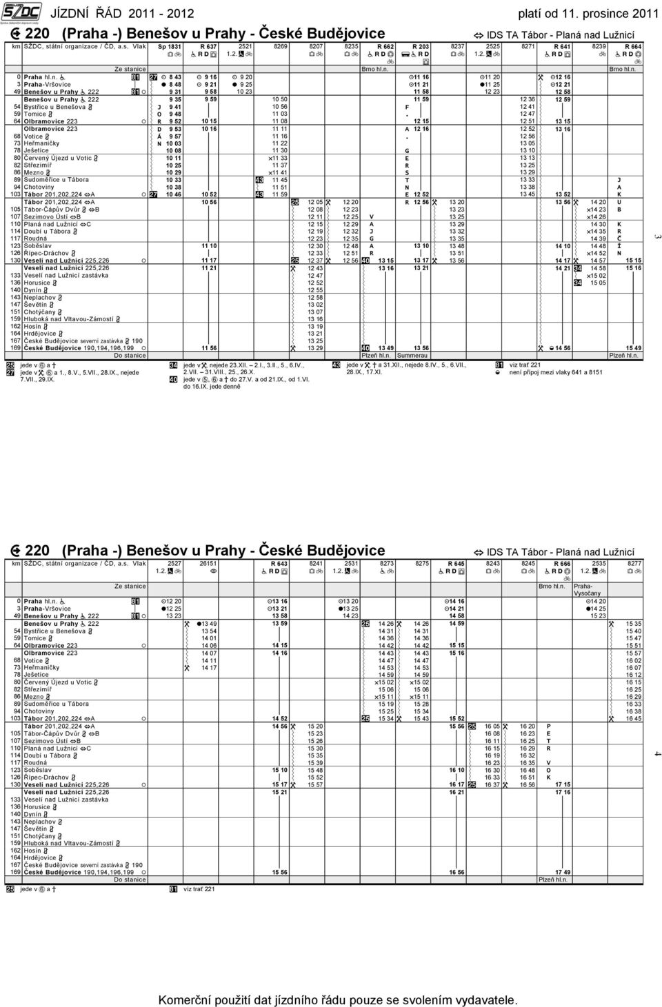 Bystřice u Benešova J 9 41 10 56 F 12 41 59 Tomice O 9 48 11 03.