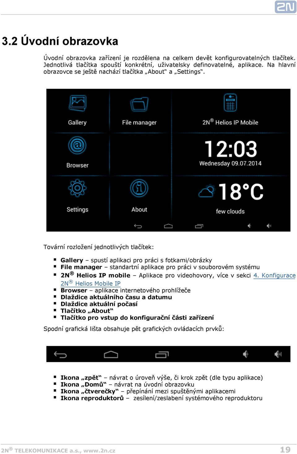 Tovární rozložení jednotlivých tlačítek: Gallery spustí aplikaci pro práci s fotkami/obrázky File manager standartní aplikace pro práci v souborovém systému 2N Helios IP mobile Aplikace pro