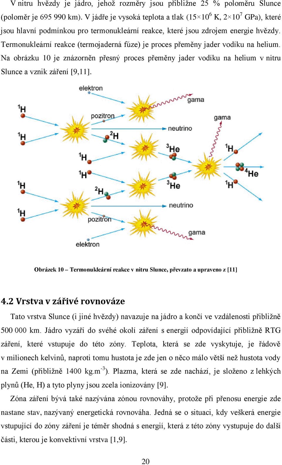 Termonukleární reakce (termojaderná fúze) je proces přeměny jader vodíku na helium. Na obrázku 10 je znázorněn přesný proces přeměny jader vodíku na helium v nitru Slunce a vznik záření [9,11].