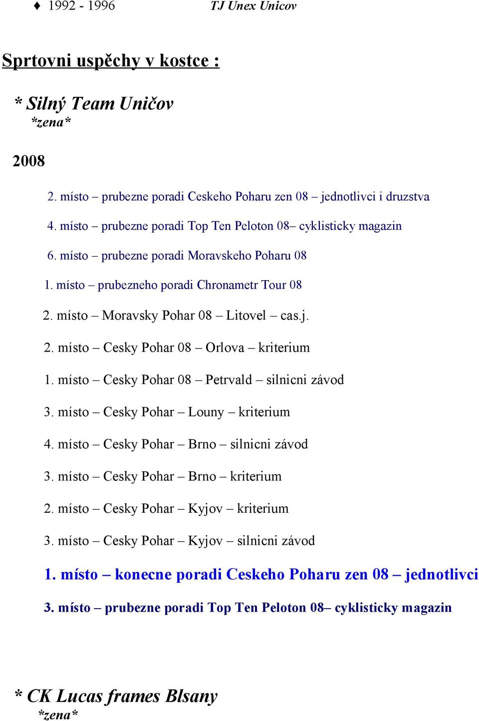 místo Cesky Pohar 08 Petrvald silnicni závod 3. místo Cesky Pohar Louny kriterium 4. místo Cesky Pohar Brno silnicni závod 3. místo Cesky Pohar Brno kriterium 2.