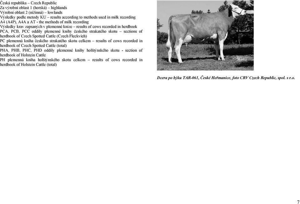 Czech Spotted Cattle (Czech Fleckvieh) PC plemenná kniha českého strakatého skotu celkem results of cows recorded in herdbook of Czech Spotted Cattle (total) PHA, PHB, PHC, PHD oddíly plemenné knihy