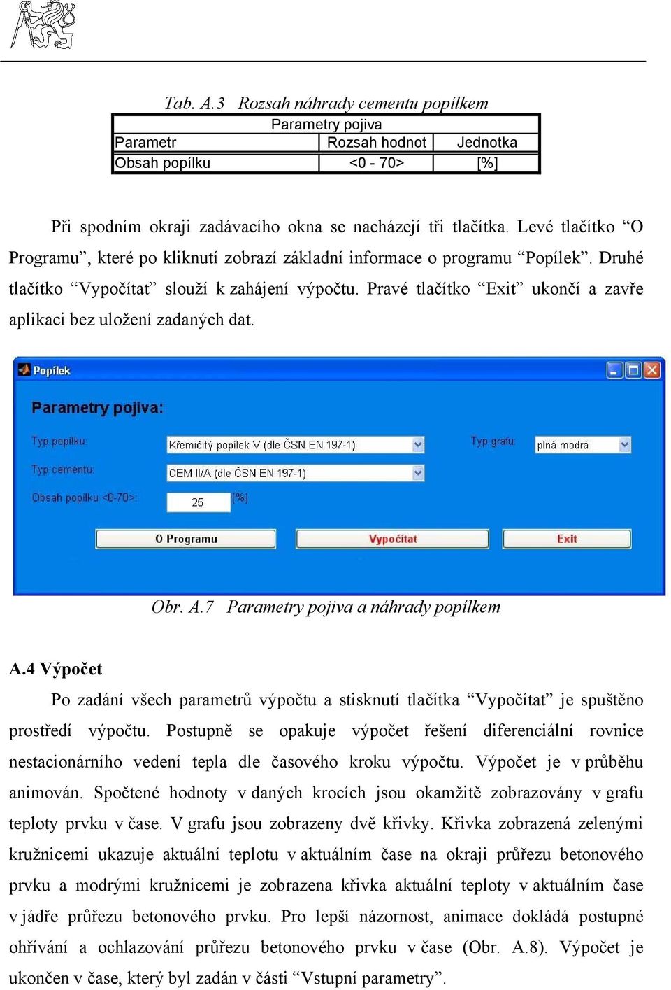 Pravé tlačítko Exit ukončí a zavře aplikaci bez uložení zadaných dat. Obr. A.7 Parametry pojiva a náhrady popílkem A.