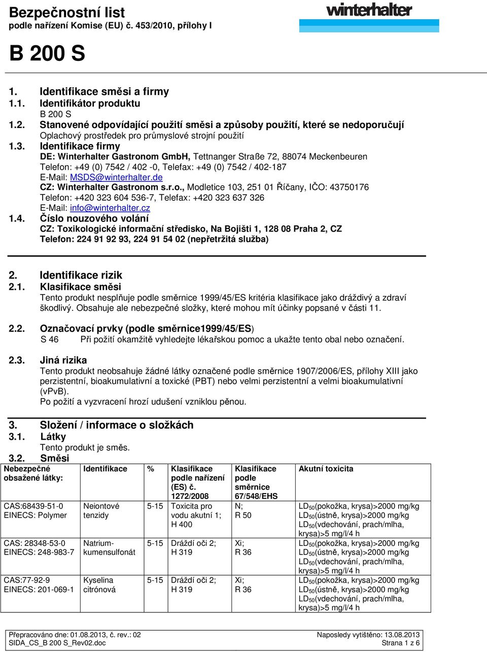 de CZ: Winterhalter Gastronom s.r.o., Modletice 103, 251 01 Říčany, IČO: 43