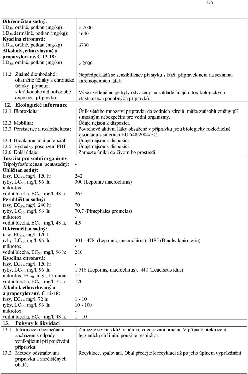 3. Persistence a rozložitelnost: 12.4. Bioakumulační potenciál: 12.5. Výsledky posouzení PBT: 12.6.