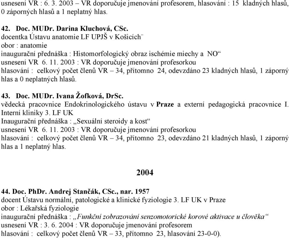 2003 : VR doporučuje jmenování profesorkou hlasování : celkový počet členů VR 34, přítomno 24, odevzdáno 23 kladných hlasů, 1 záporný hlas a 0 neplatných hlasů. 43. Doc. MUDr. Ivana Žofková, DrSc.