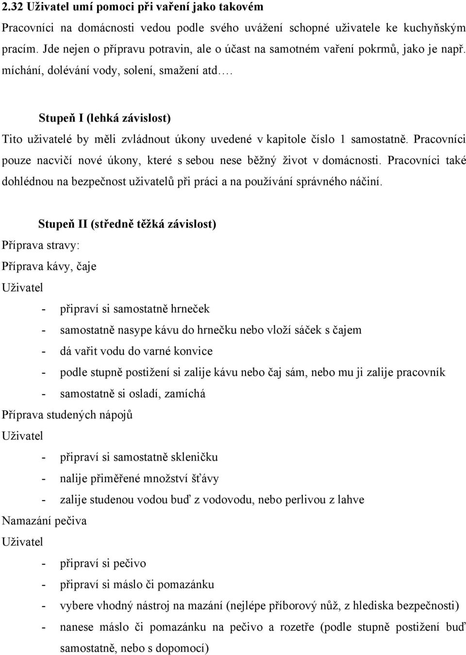 Stupeň I (lehká závislost) Tito uživatelé by měli zvládnout úkony uvedené v kapitole číslo 1 samostatně. Pracovníci pouze nacvičí nové úkony, které s sebou nese běžný život v domácnosti.