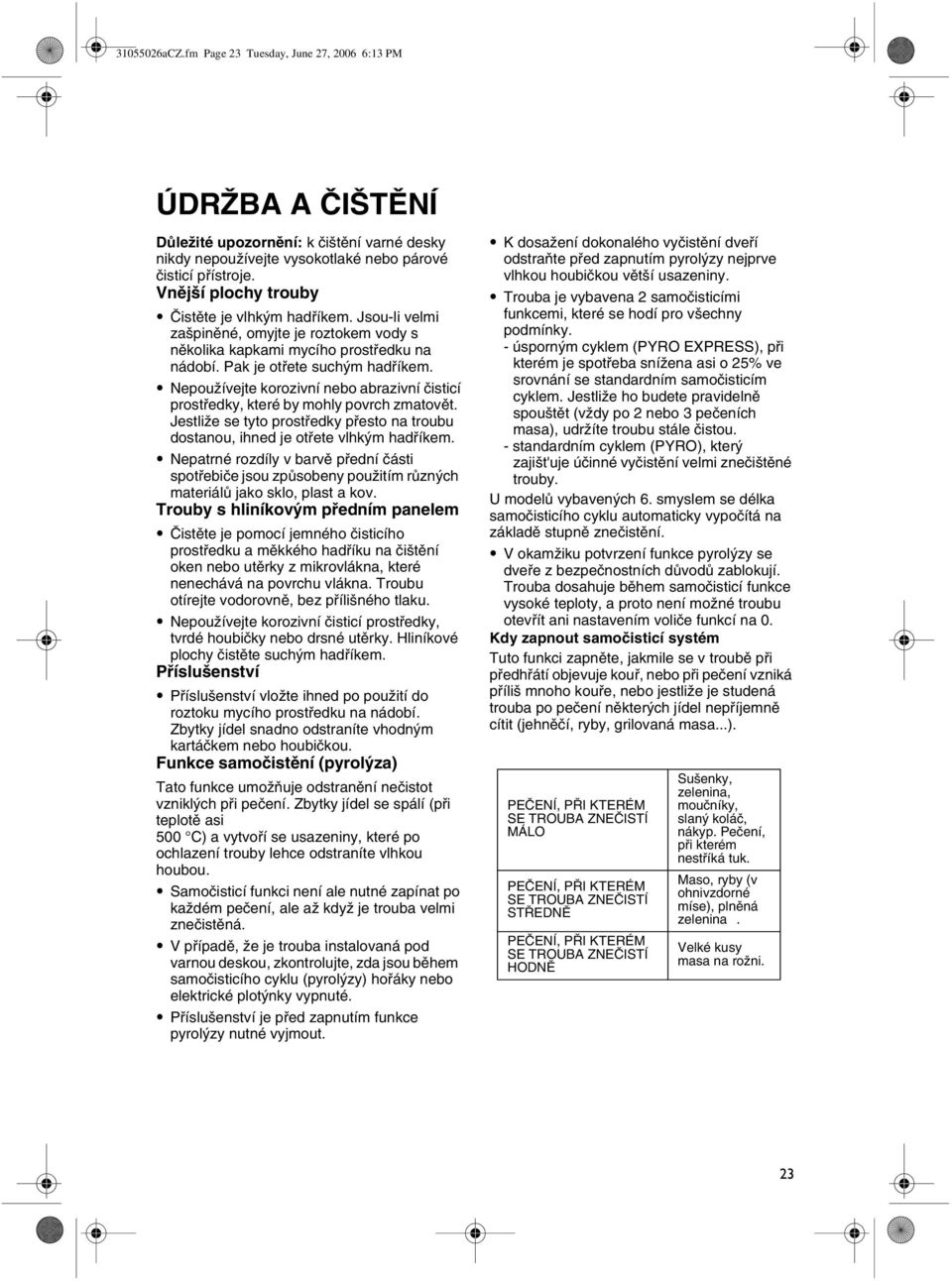 Nepoužívejte korozivní nebo abrazivní čisticí prostředky, které by mohly povrch zmatovět. Jestliže se tyto prostředky přesto na troubu dostanou, ihned je otřete vlhkým hadříkem.