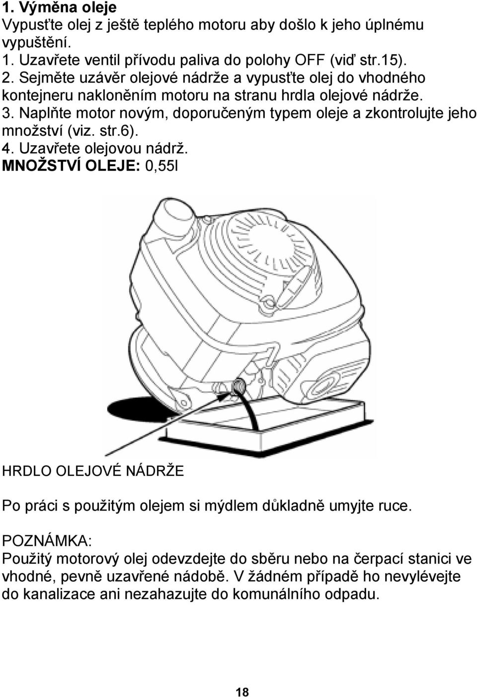 Naplňte motor novým, doporučeným typem oleje a zkontrolujte jeho množství (viz. str.6). 4. Uzavřete olejovou nádrž.