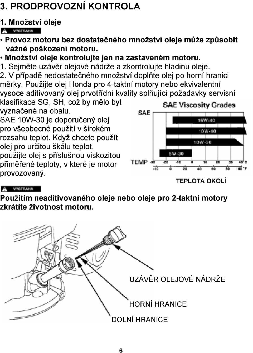 Použijte olej Honda pro 4-taktní motory nebo ekvivalentní vysoce aditivovaný olej prvotřídní kvality splňující požadavky servisní klasifikace SG, SH, což by mělo byt vyznačené na obalu.