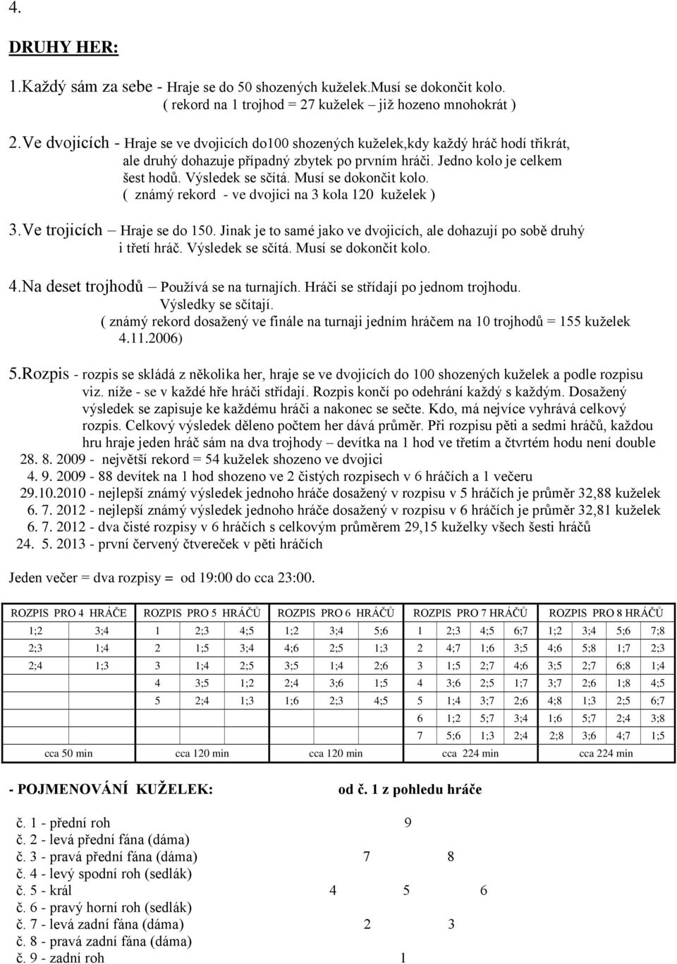 Musí se dokončit kolo. ( známý rekord - ve dvojici na 3 kola 120 kuţelek ) 3.Ve trojicích Hraje se do 150. Jinak je to samé jako ve dvojicích, ale dohazují po sobě druhý i třetí hráč.