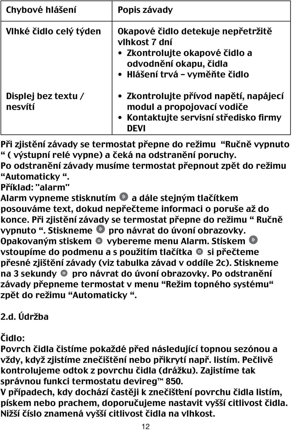 vypne) a čeká na odstranění poruchy. Po odstranění závady musíme termostat přepnout zpět do režimu Automaticky.