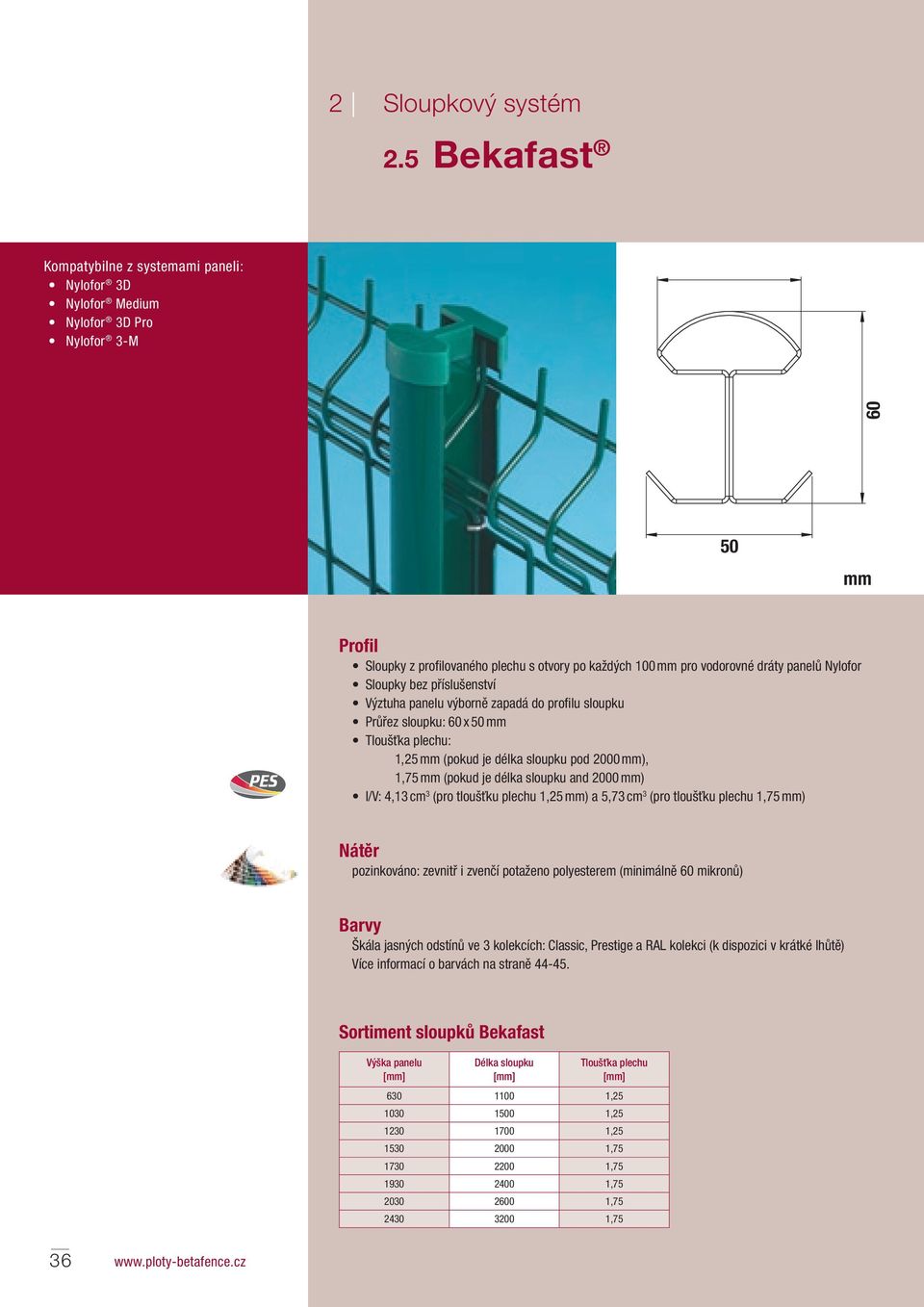 Nylofor Sloupky bez příslušenství Výztuha panelu výborně zapadá do profilu sloupku Průřez sloupku: 60 x 50 mm Tloušťka plechu: 1,25 mm (pokud je délka sloupku pod 2000 mm), 1,75 mm (pokud je délka