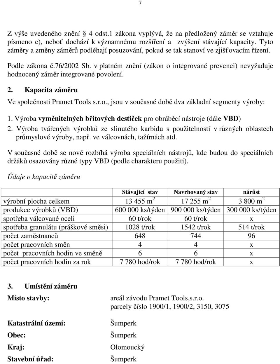 v platném znění (zákon o integrované prevenci) nevyžaduje hodnocený záměr integrované povolení. 2. Kapacita záměru Ve společnosti Pramet Tools s.r.o., jsou v současné době dva základní segmenty výroby: 1.