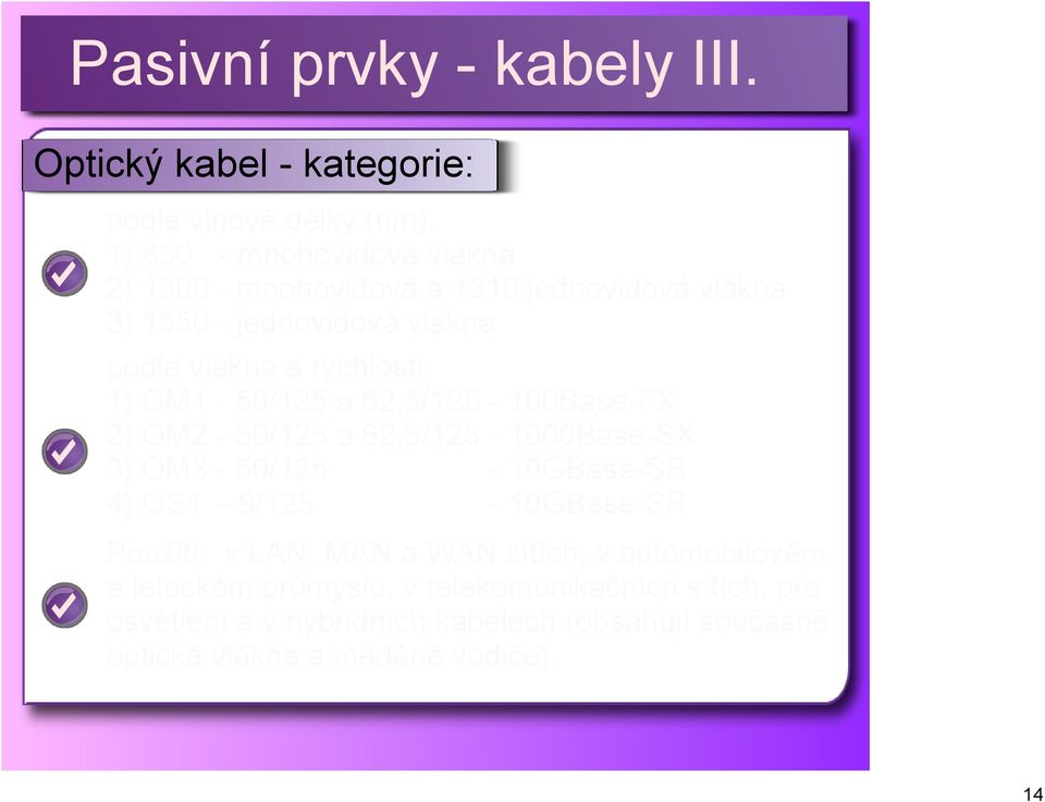 1000Base SX 3) OM3 50/125 10GBase SR 4) OS1 9/125 10GBase SR Použití: v LAN, MAN a WAN sítích, v automobilovém a leteckém