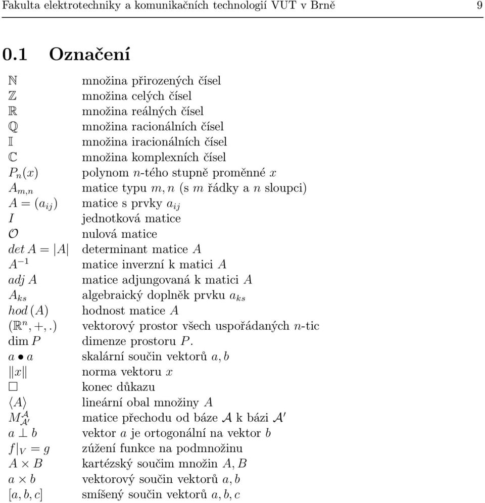 proměnné x A m,n mtice typu m, n (s m řádky n sloupci) A = ( ij ) mtice s prvky ij I jednotková mtice O nulová mtice det A = A determinnt mtice A A 1 mtice inverzní k mtici A dj A mtice djungovná k