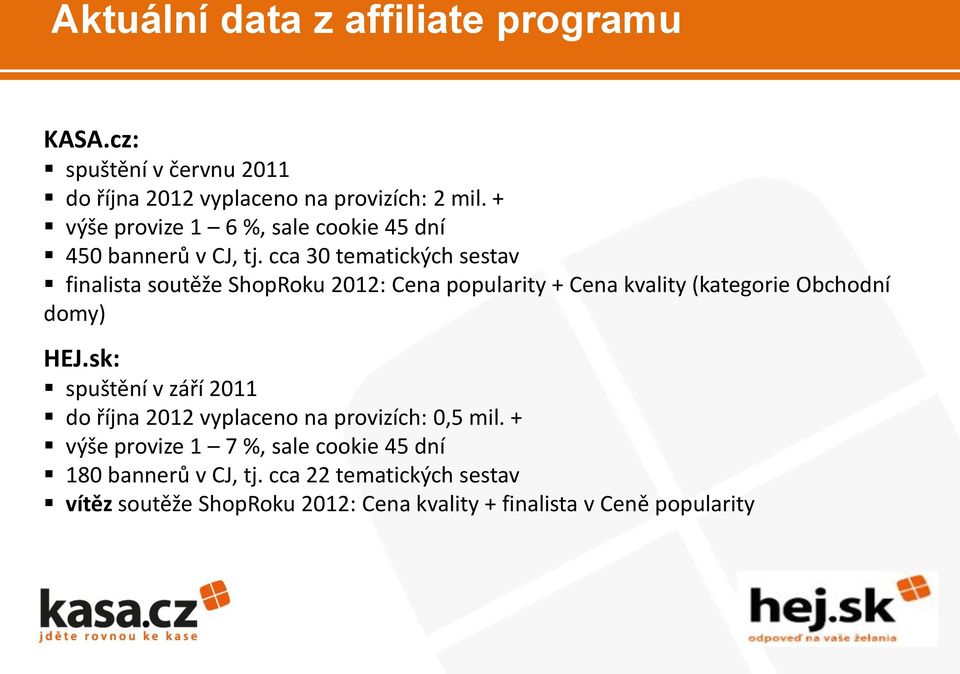 cca 30 tematických sestav finalista soutěže ShopRoku 2012: Cena popularity + Cena kvality (kategorie Obchodní domy) HEJ.