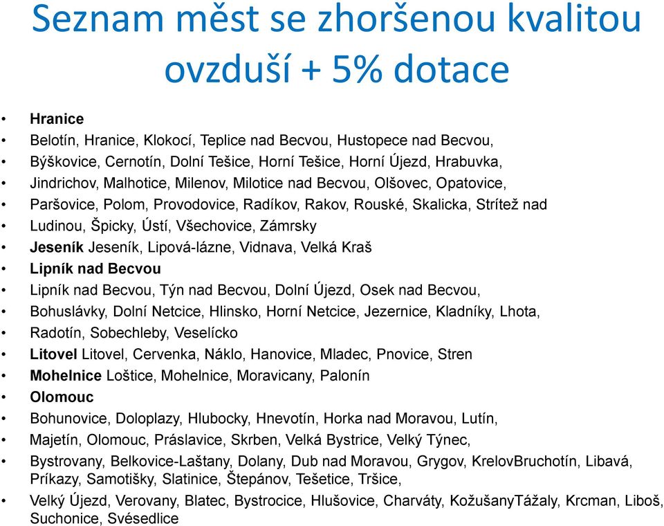 Zámrsky Jeseník Jeseník, Lipová-lázne, Vidnava, Velká Kraš Lipník nad Becvou Lipník nad Becvou, Týn nad Becvou, Dolní Újezd, Osek nad Becvou, Bohuslávky, Dolní Netcice, Hlinsko, Horní Netcice,