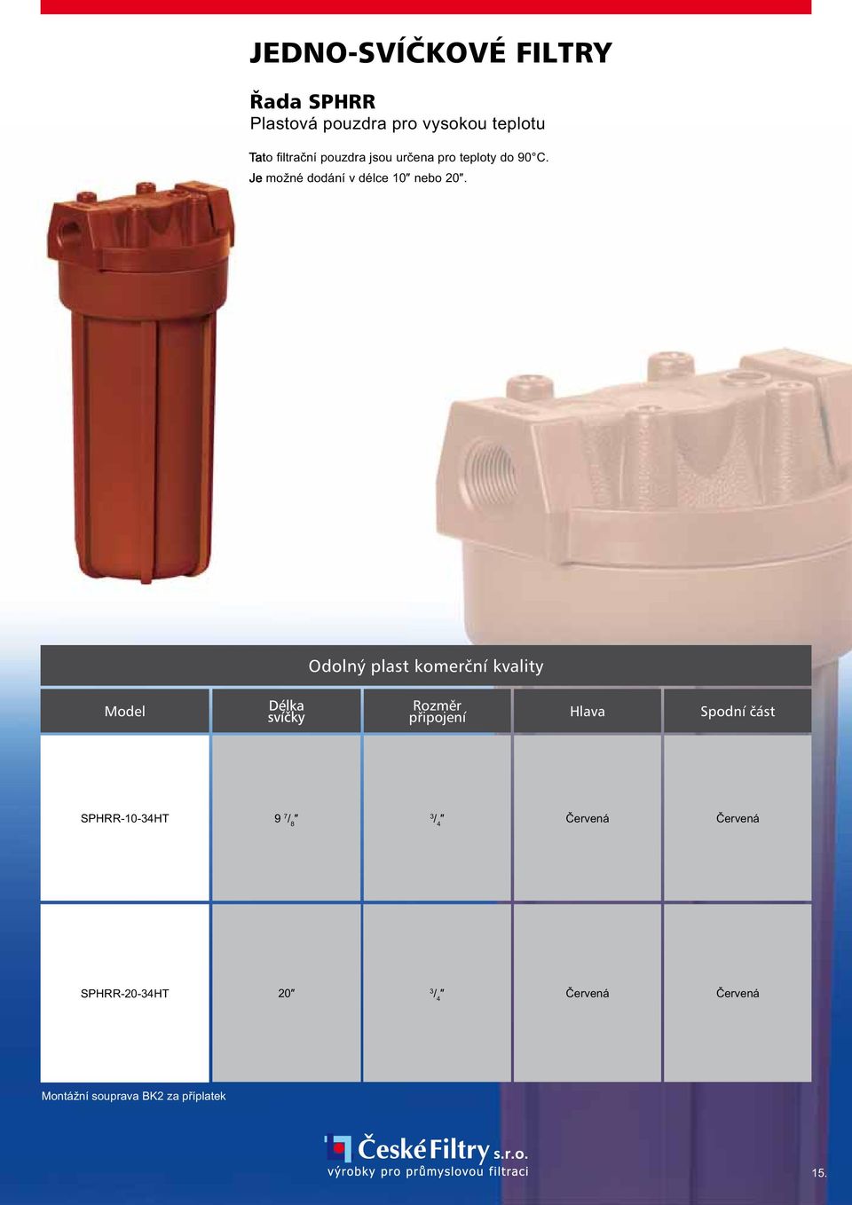 Odolný plast komerční kvality Model Rozměr připojení Hlava Spodní část SPHRR-10-34HT 9 7
