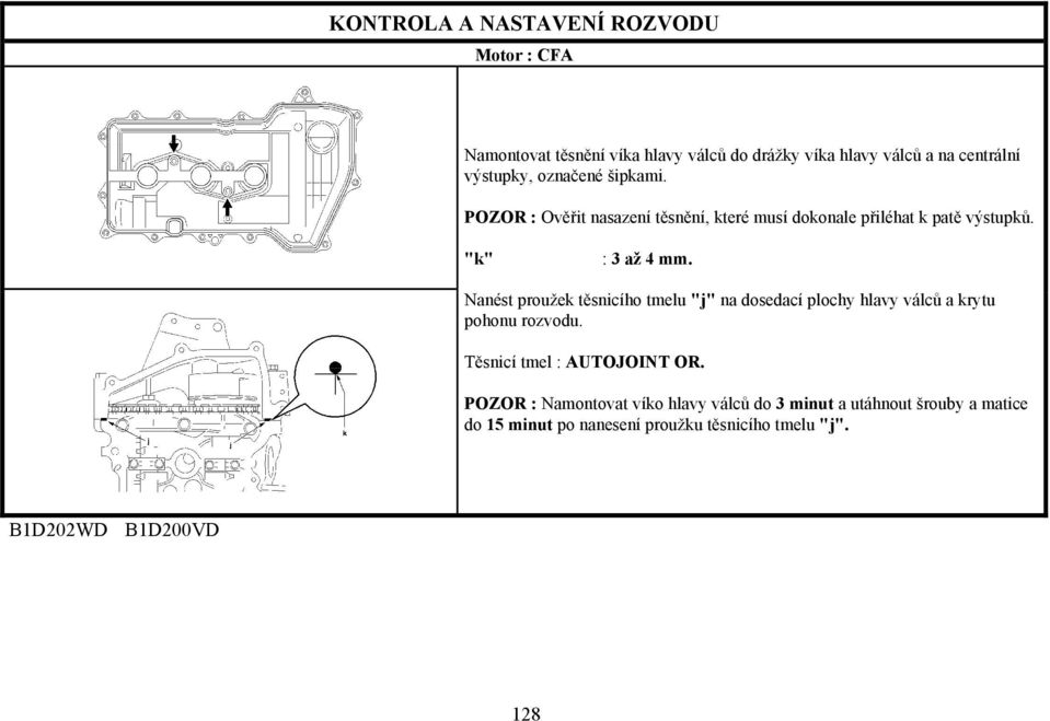 Nanést proužek těsnicího tmelu "j" na dosedací plochy hlavy válců a krytu pohonu rozvodu. Těsnicí tmel : AUTOJOINT OR.