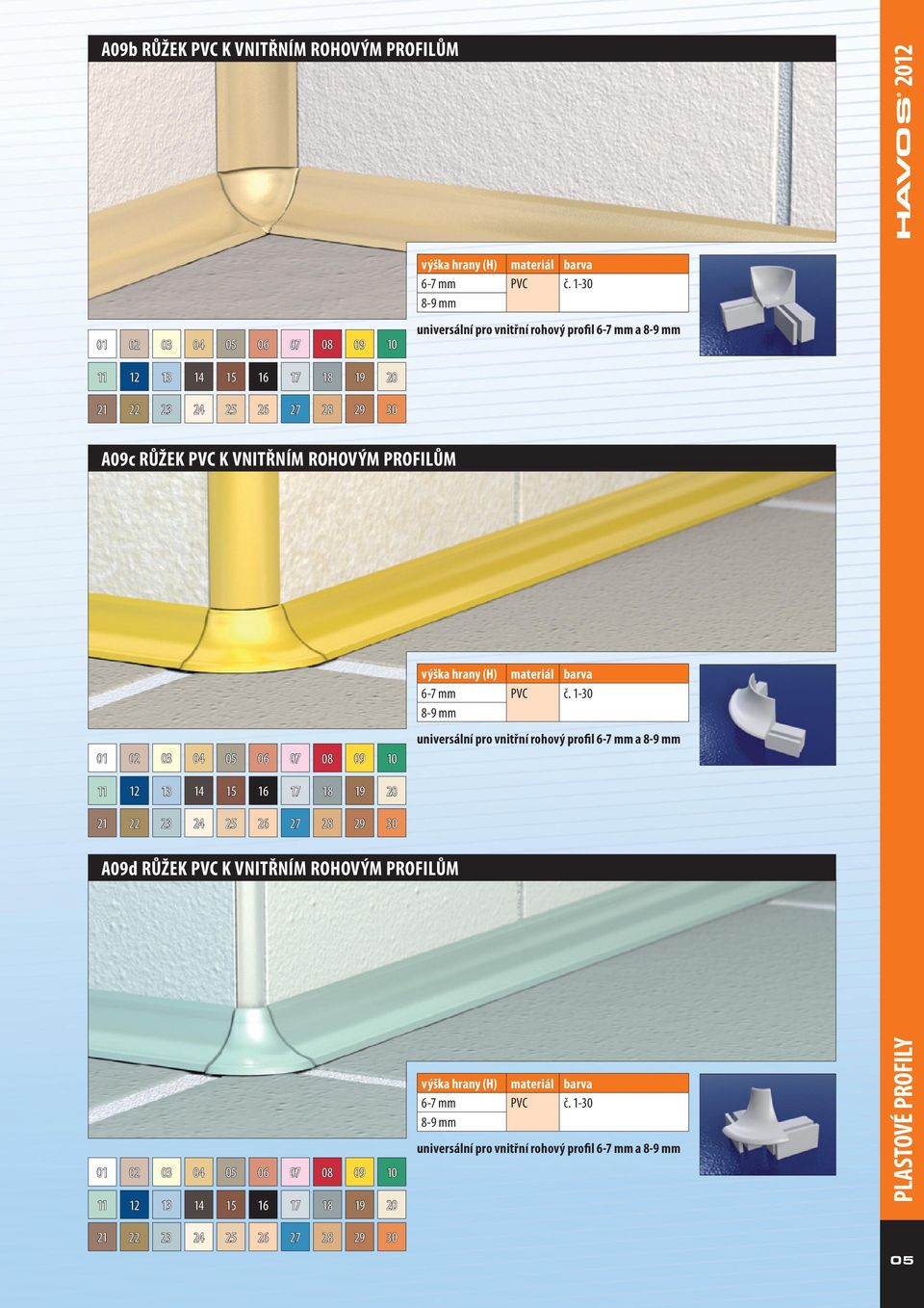 materiál barva 6-7 mm č. 1-30 8-9 mm universální pro vnitřní rohový profil 6-7 mm a 8-9 mm výška hrany () materiál barva 6-7 mm č.
