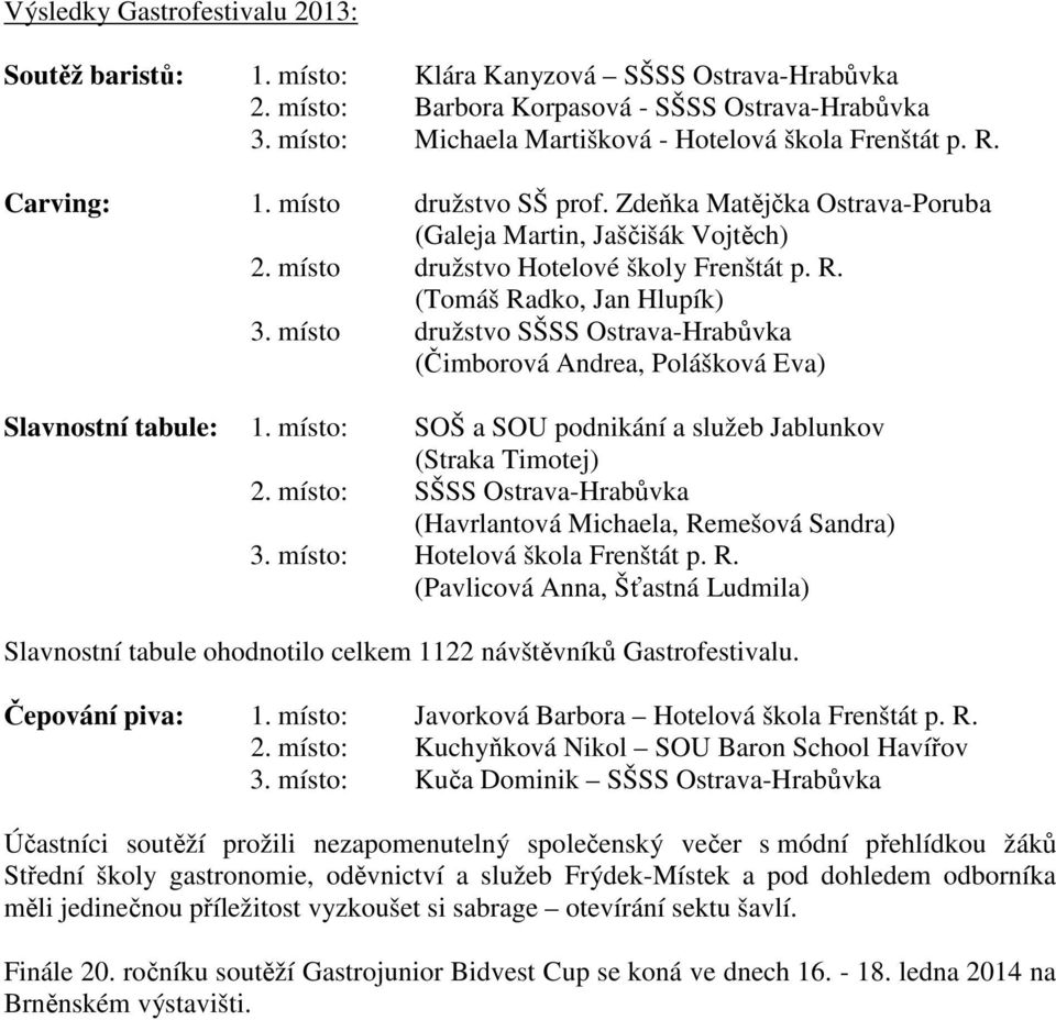 místo družstvo Hotelové školy Frenštát p. R. (Tomáš Radko, Jan Hlupík) 3. místo družstvo SŠSS Ostrava-Hrabůvka (Čimborová Andrea, Polášková Eva) Slavnostní tabule: 1.