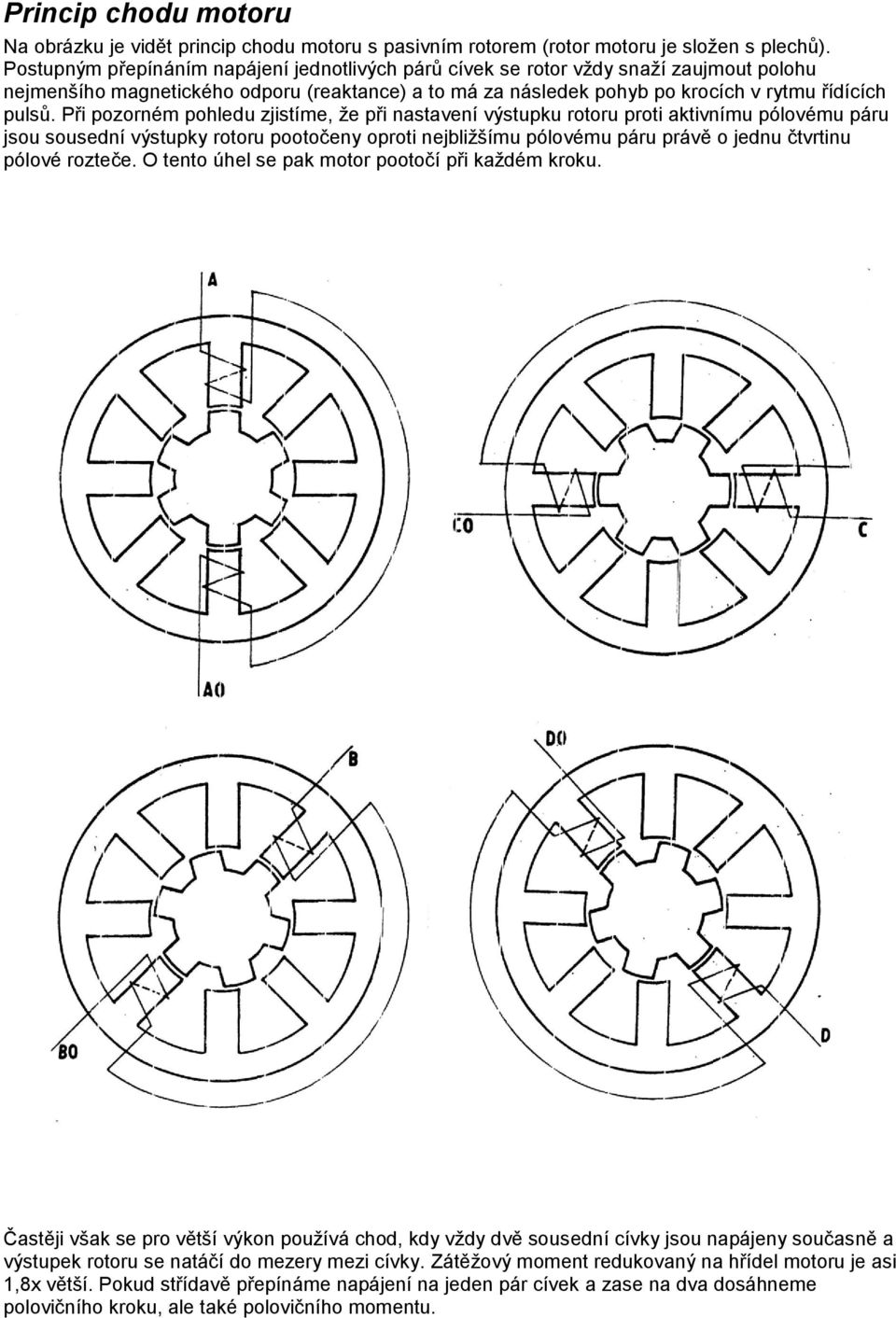 Při pozorném pohledu zjistíme, že při nastavení výstupku rotoru proti aktivnímu pólovému páru jsou sousední výstupky rotoru pootočeny oproti nejbližšímu pólovému páru právě o jednu čtvrtinu pólové