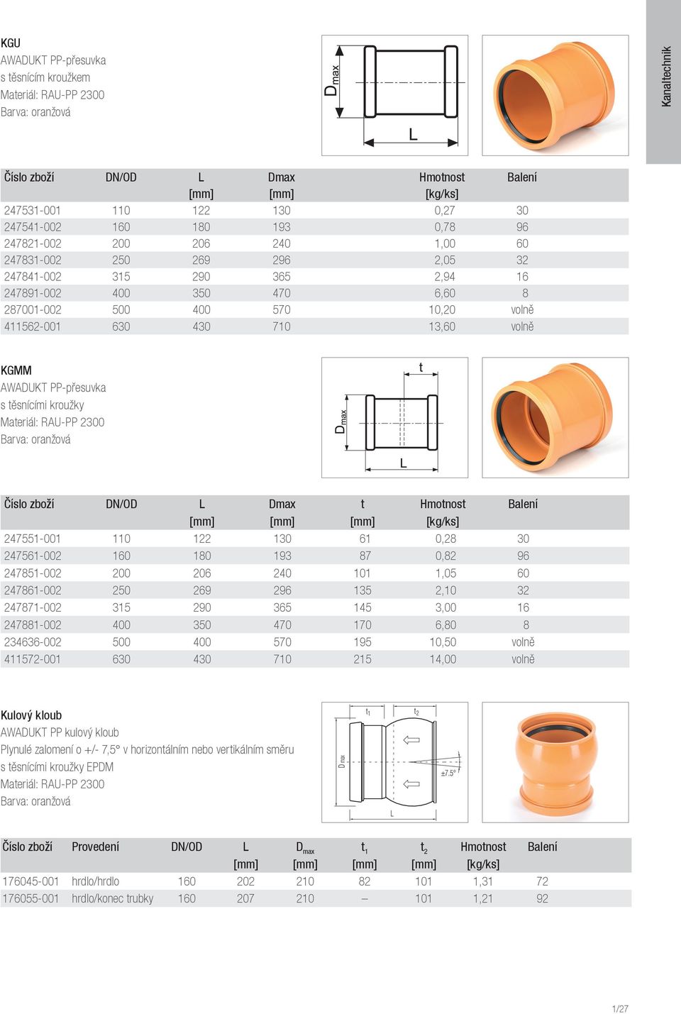AWADUKT PP-přesuvka s těsnícími kroužky Barva: oranžová Číslo zboží DN/OD L Dmax t Hmotnost Balení [mm] [mm] [mm] [kg/ks] 247551-001 110 122 130 61 0,28 30 247561-002 160 180 193 87 0,82 96