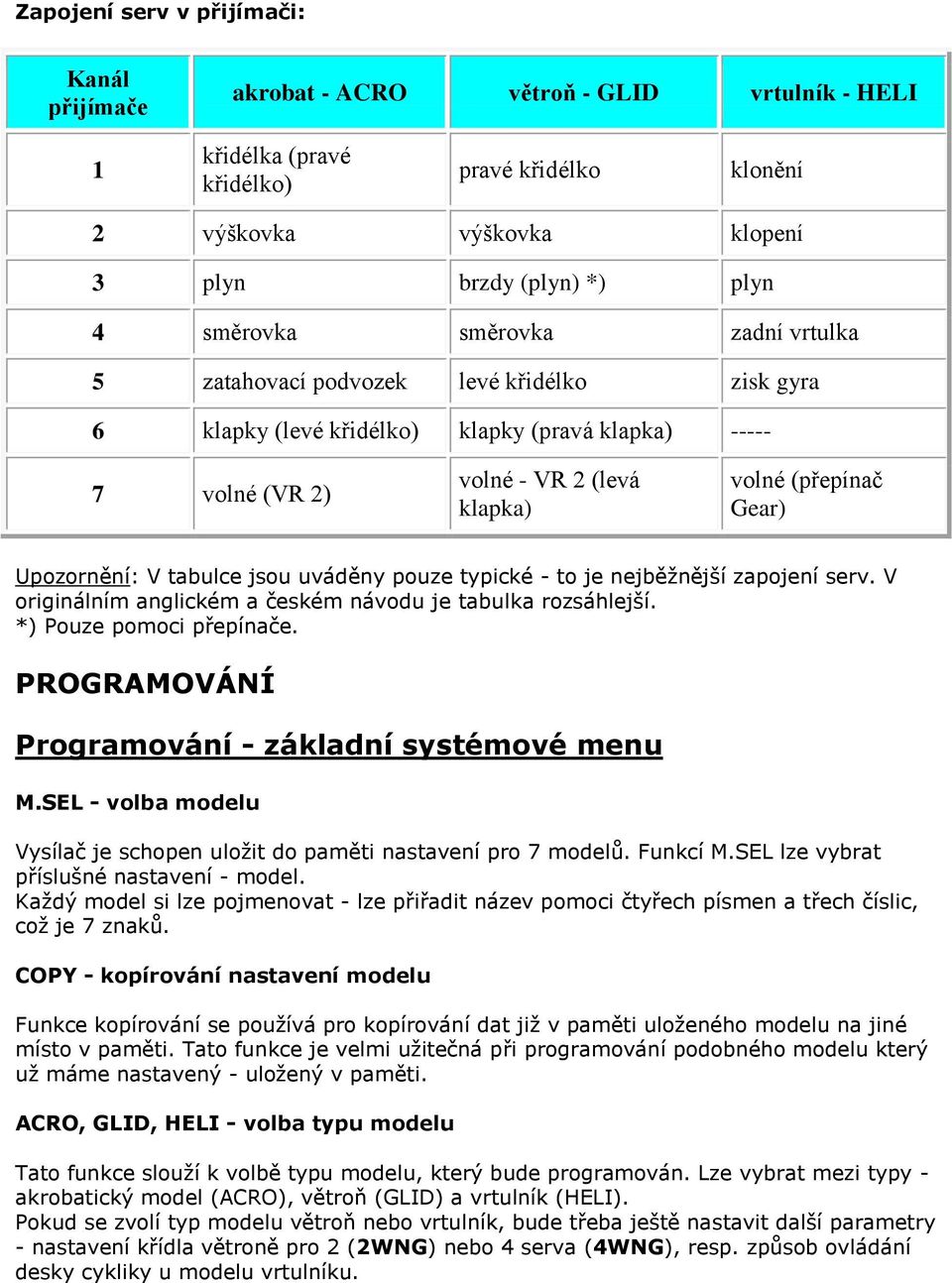 Upozornění: V tabulce jsou uváděny pouze typické - to je nejběžnější zapojení serv. V originálním anglickém a českém návodu je tabulka rozsáhlejší. *) Pouze pomoci přepínače.