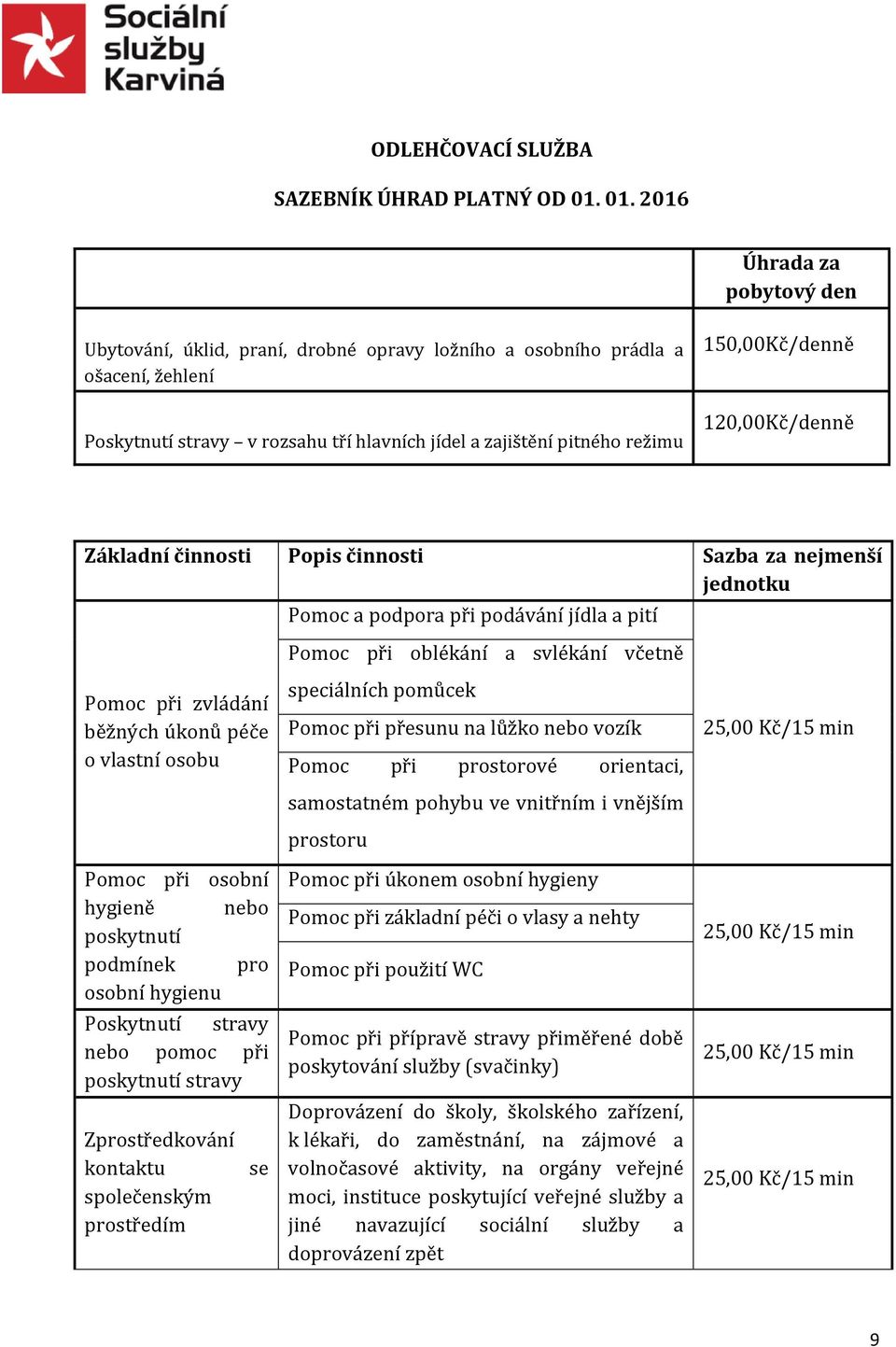 150,00Kč/denně 120,00Kč/denně Základní činnosti Popis činnosti Sazba za nejmenší jednotku Pomoc při zvládání běžných úkonů péče o vlastní osobu Pomoc při osobní hygieně nebo poskytnutí podmínek pro