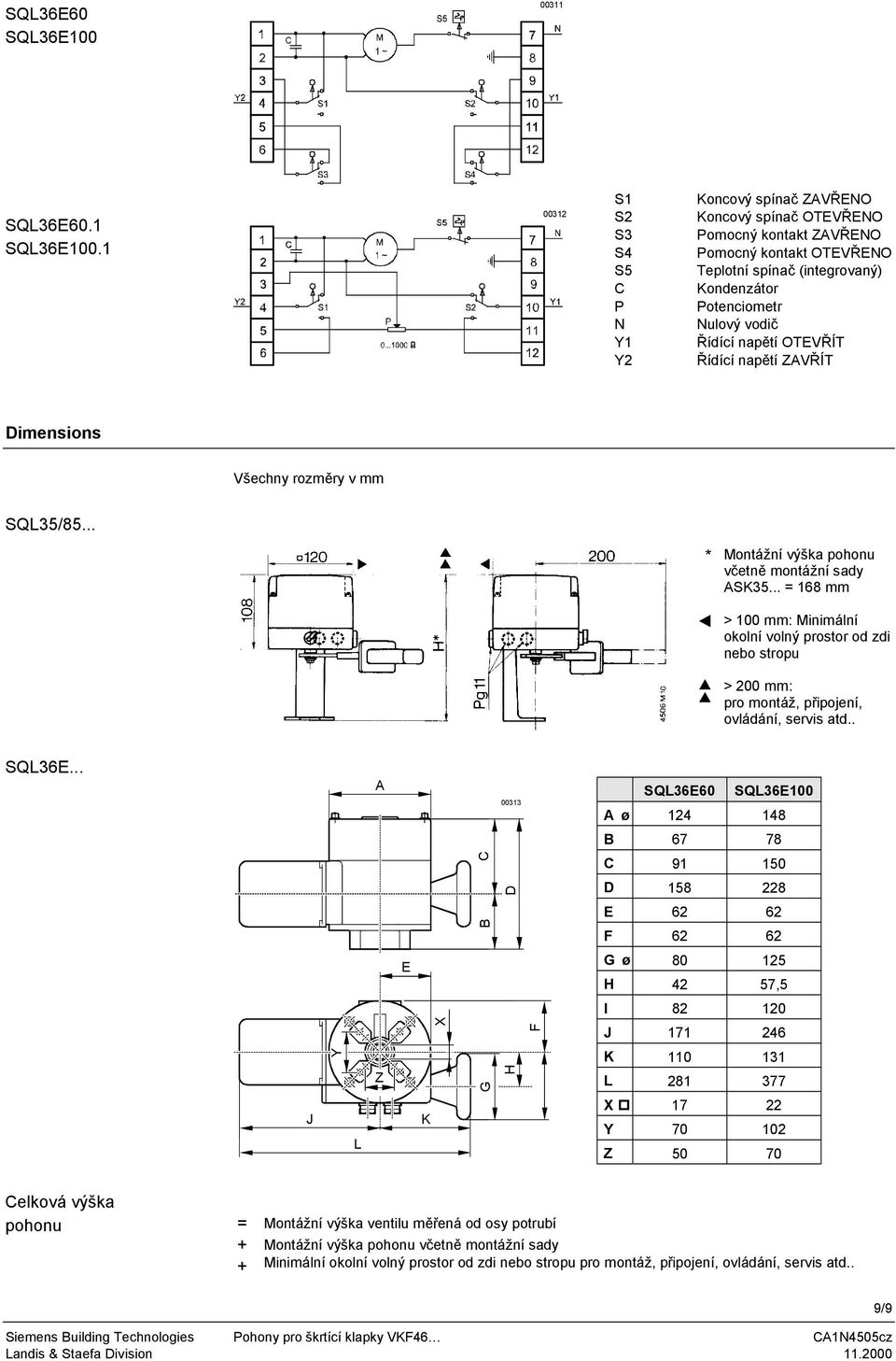 Řídící napětí OTEVŘÍT Řídící napětí ZAVŘÍT Dimensions Všechny rozměry v mm * Montážní výška pohonu včetně montážní sady ASK35.