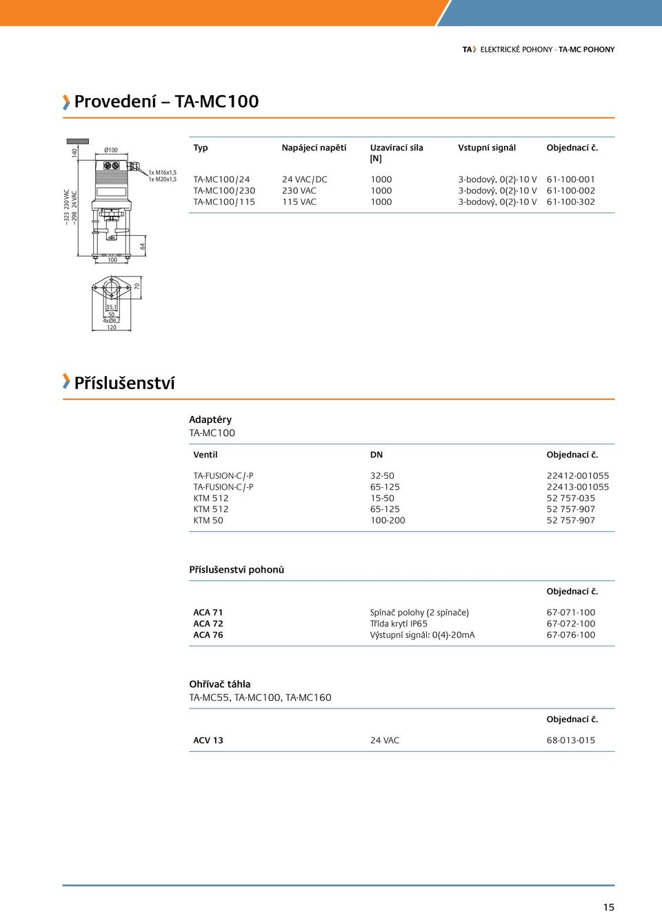 3-bodový, 0(2)-10 V 61-100-302 100 70 64 35,1 50 4xØ8,2 120 Příslušenství Adaptéry TA-MC100 Ventil DN objednací č.