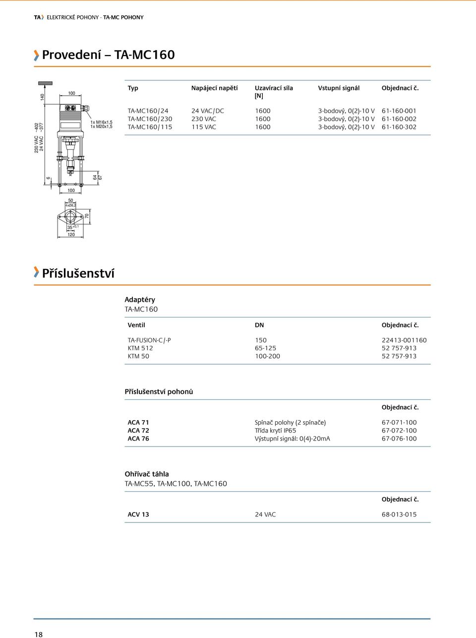 0(2)-10 V 61-160-302 6 64 67 230 VAC 24 VAC 100 50 4xØ8,2 70 35 +0,1 120 Příslušenství Adaptéry TA-MC160 Ventil DN objednací č.