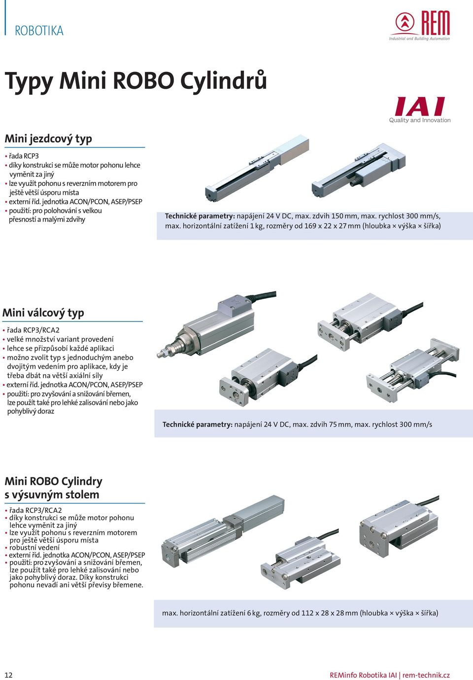 horizontální zatížení 1 kg, rozměry od 169 x 22 x 27 mm (hloubka výška šířka) Mini válcový typ řada RCP3/RCA2 velké množství variant provedení lehce se přizpůsobí každé aplikaci možno zvolit typ s