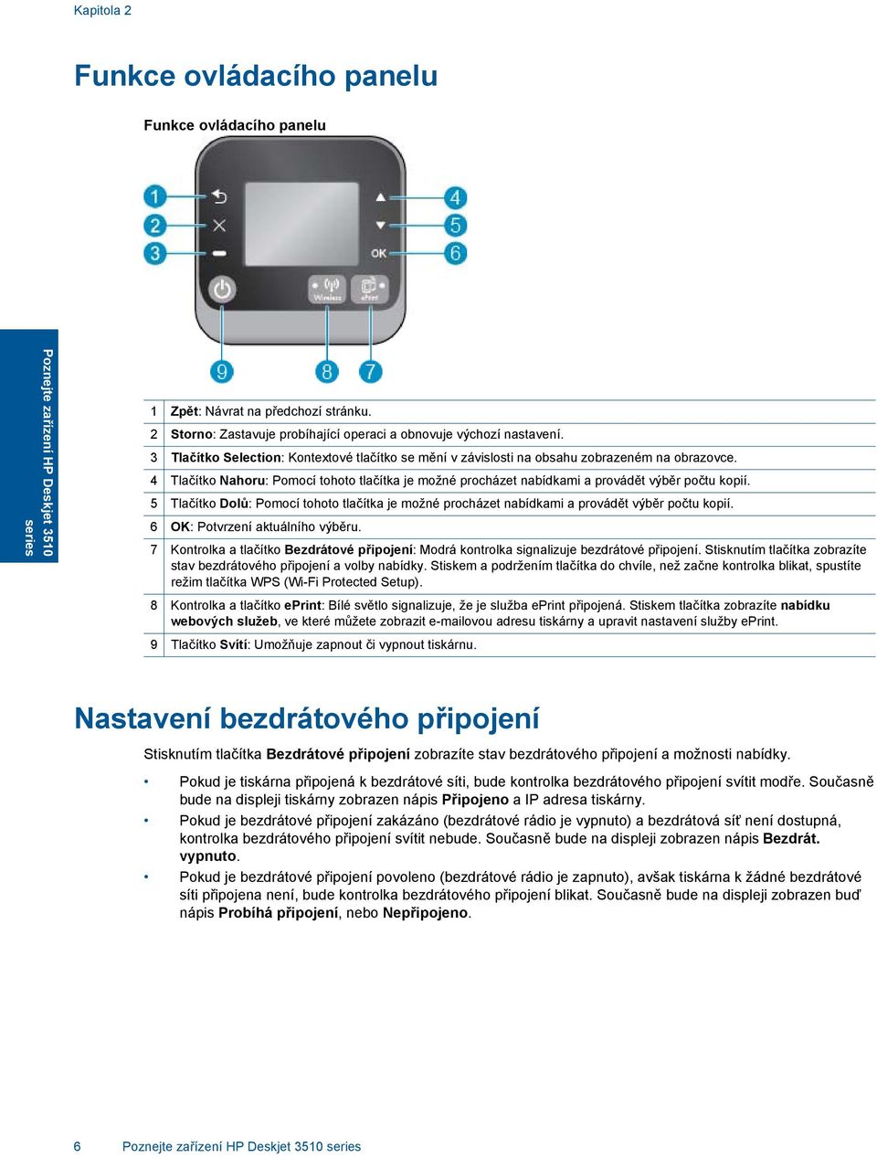 4 Tlačítko Nahoru: Pomocí tohoto tlačítka je možné procházet nabídkami a provádět výběr počtu kopií. 5 Tlačítko Dolů: Pomocí tohoto tlačítka je možné procházet nabídkami a provádět výběr počtu kopií.