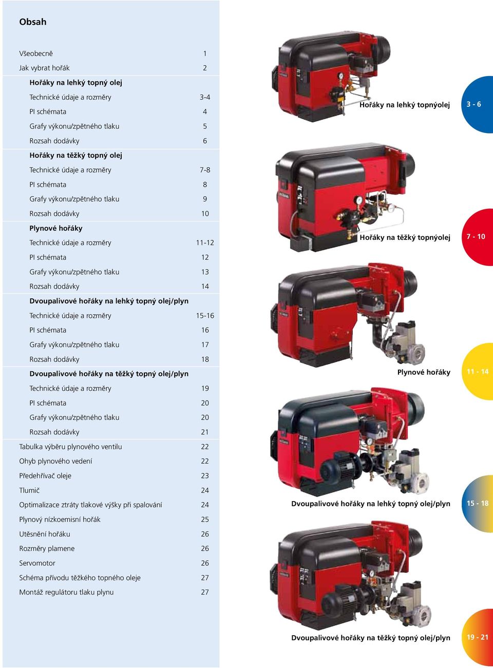 hořáky na lehký topný olej/plyn Technické údaje a rozměry 15-16 PI schémata 16 Grafy výkonu/zpětného tlaku 17 Rozsah dodávky 18 Dvoupalivové hořáky na těžký topný olej/plyn Technické údaje a rozměry