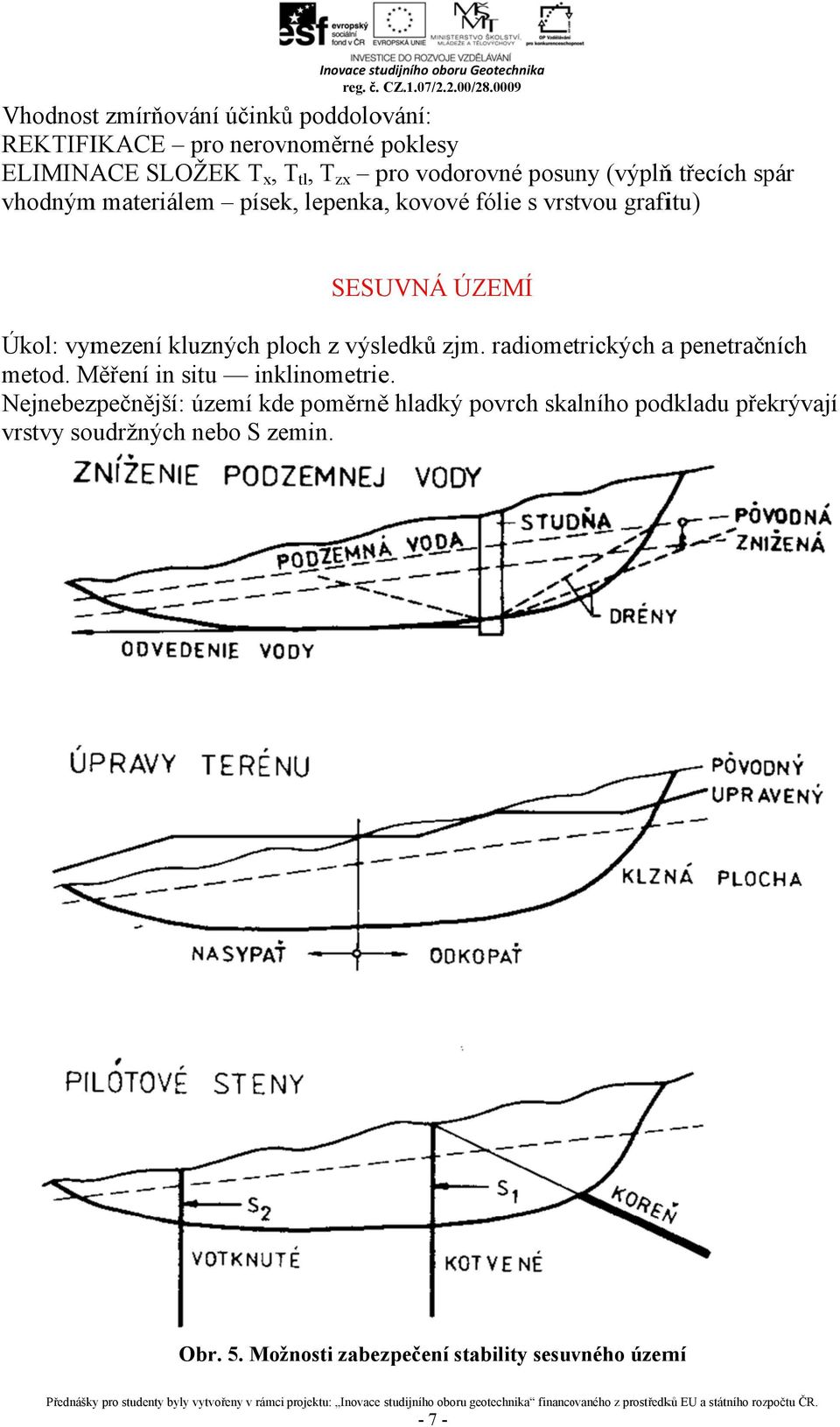 kluzných ploch z výsledků zjm. radiometrických a penetračních metod. Měření in situ inklinometrie.