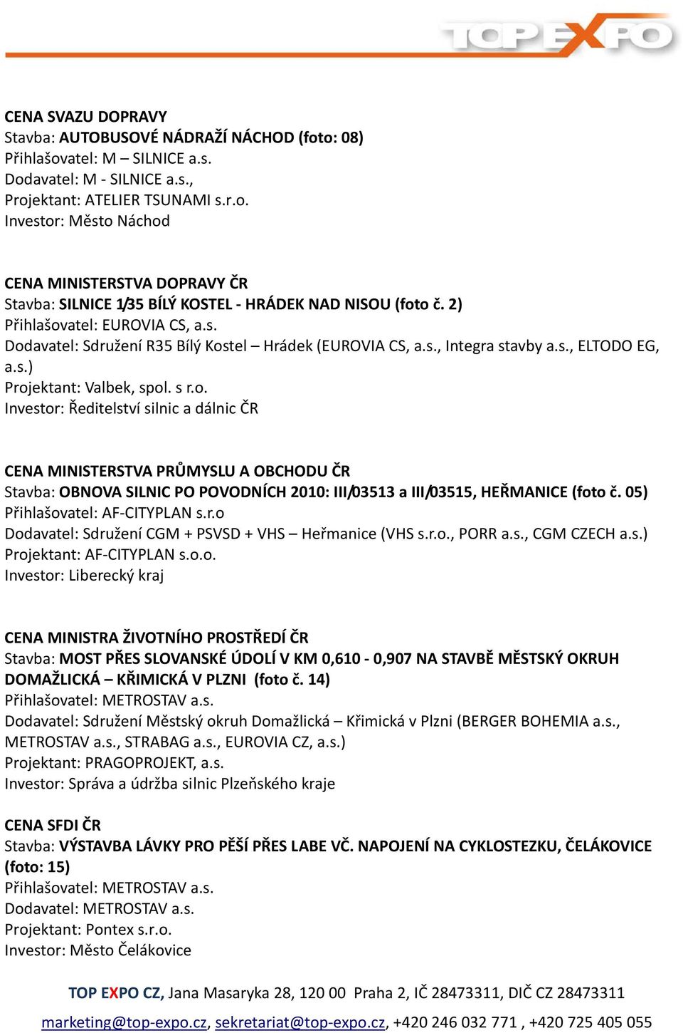 05) Přihlašovatel: AF CITYPLAN s.r.o Dodavatel: Sdružení CGM + PSVSD + VHS Heřmanice (VHS s.r.o., PORR a.s., CGM CZECH a.s.) Projektant: AF CITYPLAN s.o.o. Investor: Liberecký kraj CENA MINISTRA ŽIVOTNÍHO PROSTŘEDÍ ČR Stavba: MOST PŘES SLOVANSKÉ ÚDOLÍ V KM 0,610 0,907 NA STAVBĚ MĚSTSKÝ OKRUH DOMAŽLICKÁ KŘIMICKÁ V PLZNI (foto č.