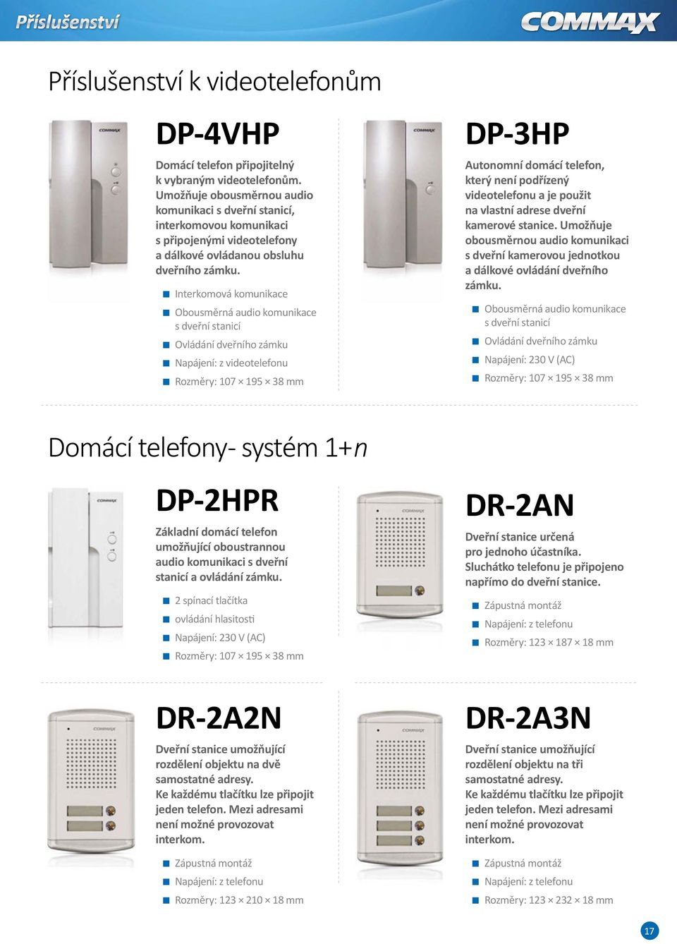 Interkomová komunikace Obousměrná audio komunikace s dveřní stanicí Ovládání dveřního zámku Napájení: z videotelefonu Rozměry: 107 195 38 mm Domácí telefony - systém 1+n DP-HPR Základní domácí