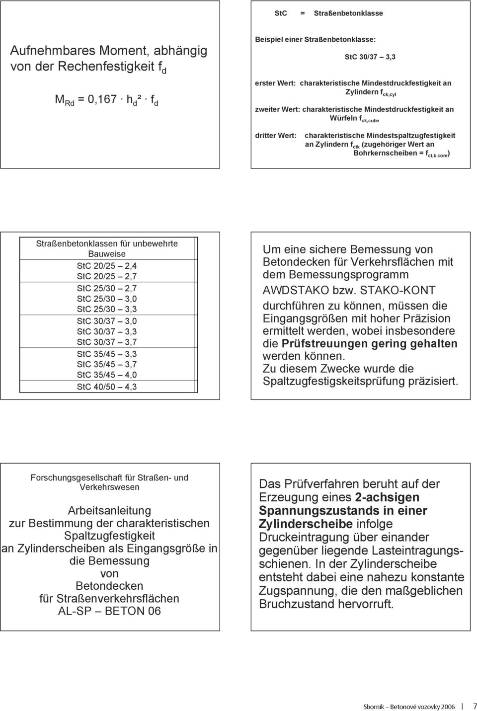 (zugehöriger Wert an Bohrkernscheiben = f ct,k core ) Straßenbetonklassen für unbewehrte Bauweise StC 20/25 2,4 StC 20/25 2,7 StC 25/30 2,7 StC 25/30 3,0 StC 25/30 3,3 StC 30/37 3,0 StC 30/37 3,3 StC