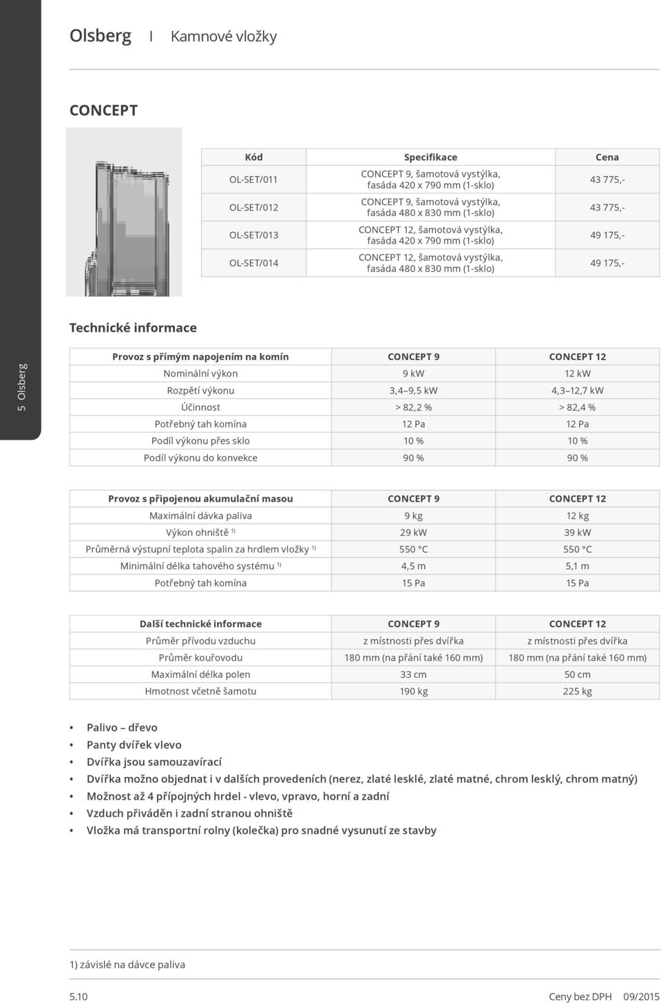 napojením na komín CONCEPT 9 CONCEPT 12 Nominální výkon 9 kw 12 kw Rozpětí výkonu 3,4 9,5 kw 4,3 12,7 kw Účinnost > 82,2 % > 82,4 % Potřebný tah komína 12 Pa 12 Pa Podíl výkonu přes sklo 10 % 10 %