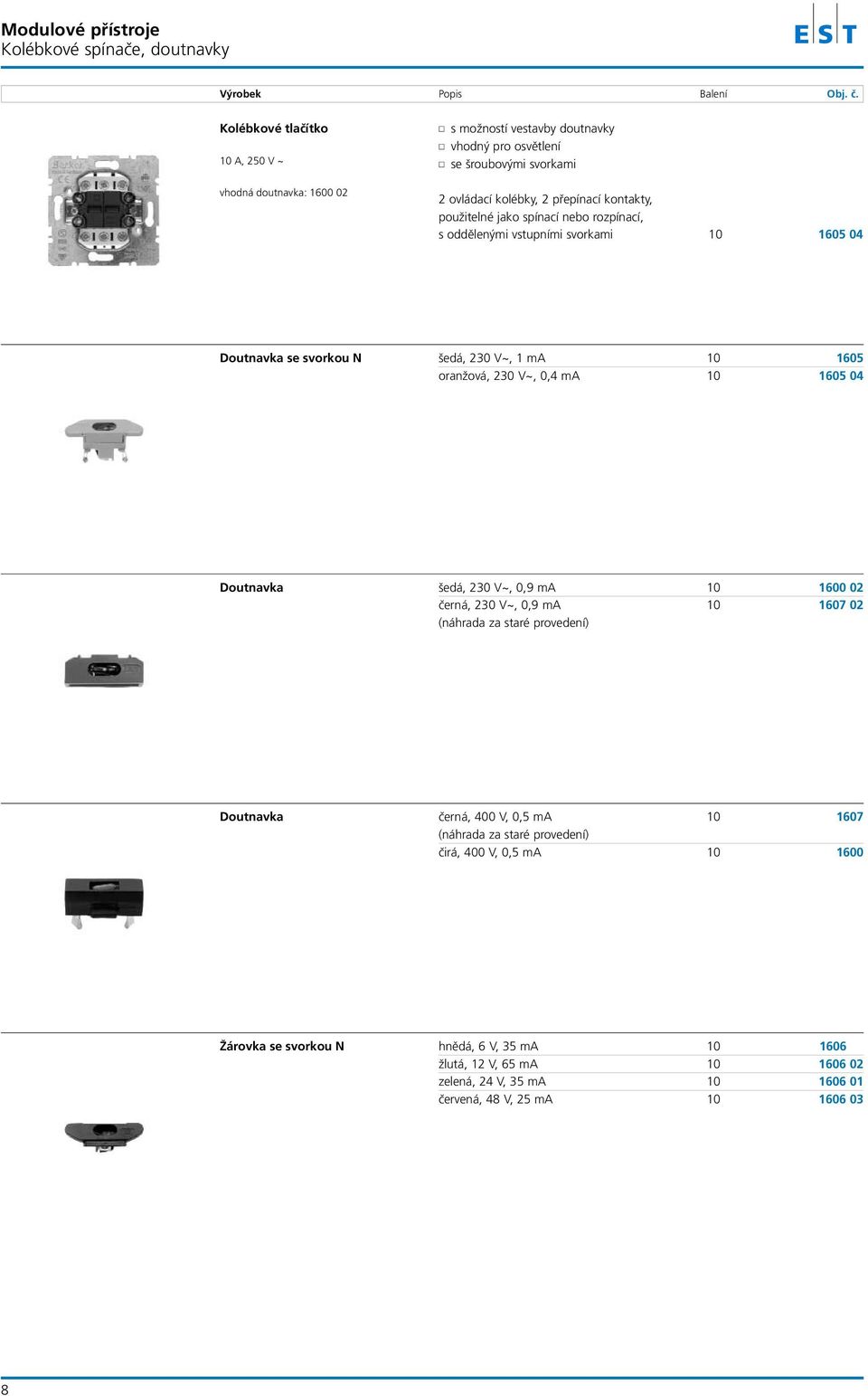 oranžová, 230 V~, 0,4 ma 10 1605 04 Doutnavka šedá, 230 V~, 0,9 ma 10 1600 02 černá, 230 V~, 0,9 ma 10 1607 02 (náhrada za staré provedení) Doutnavka černá, 400 V, 0,5 ma 10 1607