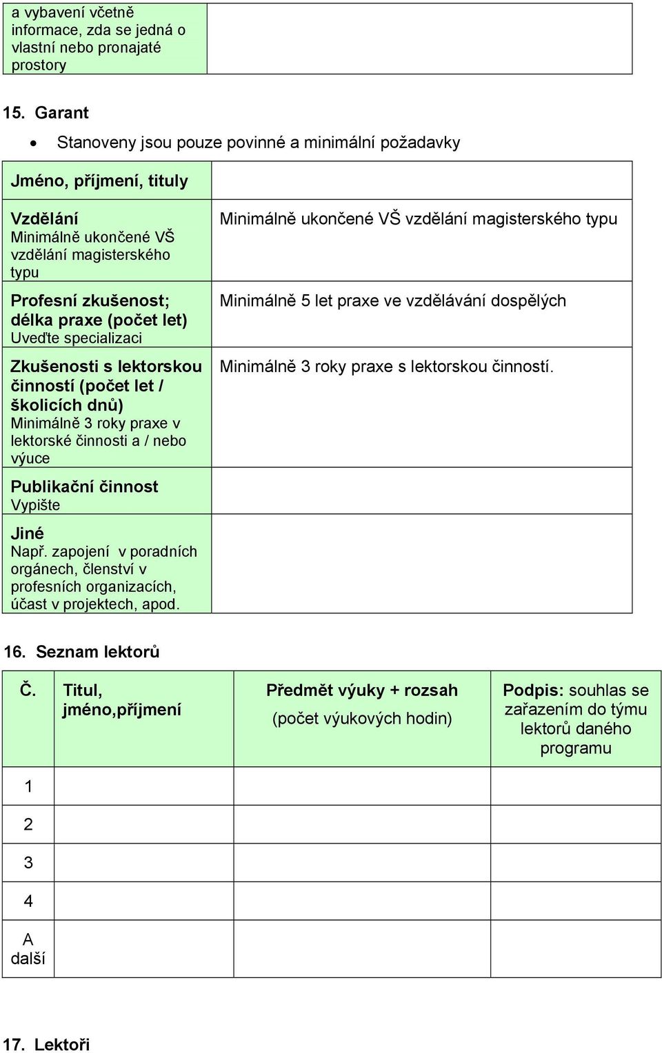 specializaci Zkušenosti s lektorskou činností (počet let / školicích dnů) Minimálně 3 roky praxe v lektorské činnosti a / nebo výuce Publikační činnost Vypište Jiné Např.