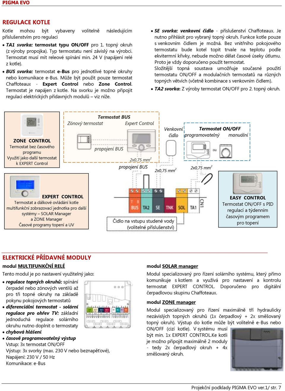 Může být použit pouze termostat Chaffoteaux - Expert Control nebo Zone Control. Termostat je napájen z kotle. Na svorku je možno připojit regulaci elektrických přídavných modulů viz níže.