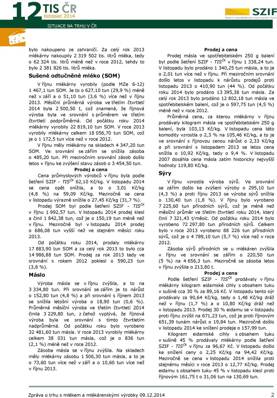 Měsíční průměrná výroba ve třetím čtvrtletí 2014 byla 2 500,50 t, což znamená, že říjnová výroba byla ve srovnání s průměrem ve třetím čtvrtletí podprůměrná.