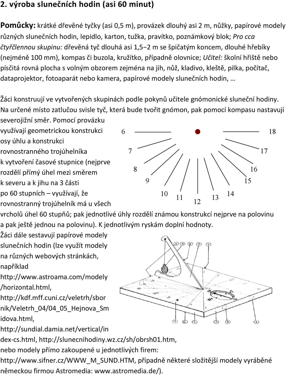 nebo písčitá rovná plocha s volným obzorem zejména na jih, nůž, kladivo, kleště, pilka, počítač, dataprojektor, fotoaparát nebo kamera, papírové modely slunečních hodin, Žáci konstruují ve