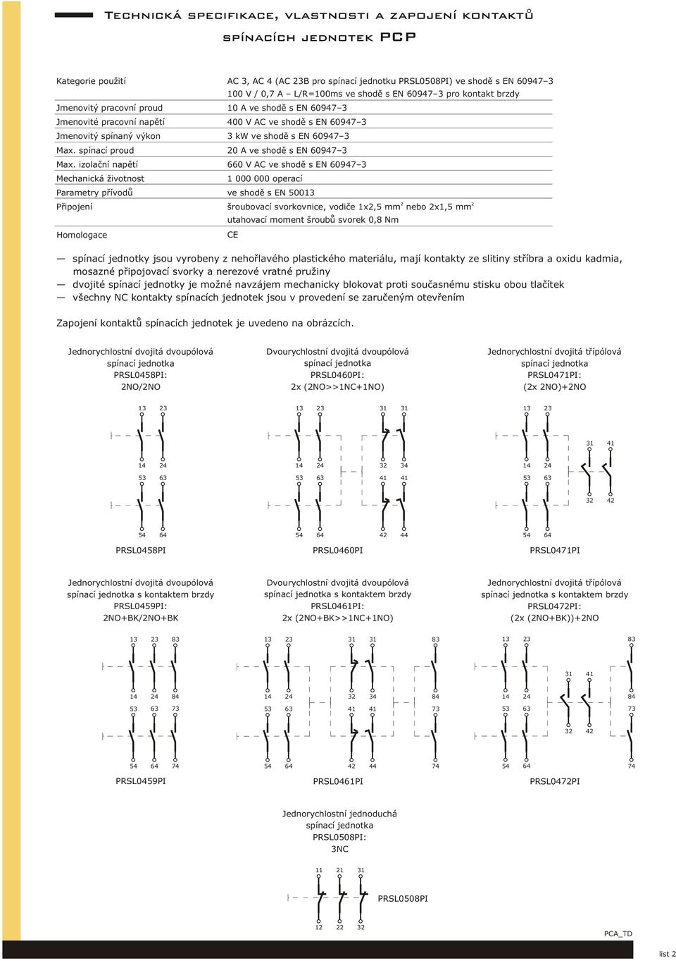 izolační napětí 660 V AC ve shodě s EN 60947 3 Mechanická životnost 100 V / 0,7 A L/R=100ms ve shodě s EN 60947 3 pro kontakt brzdy 1 000 000 operací Parametry přívodů ve shodě s EN 500 Připojení