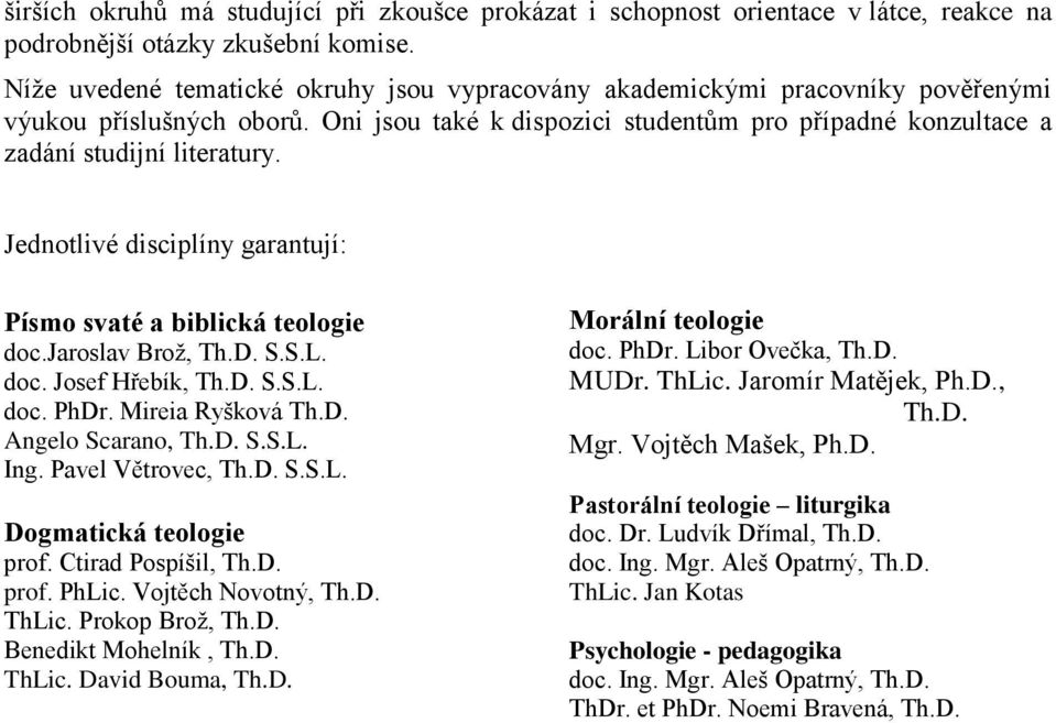 Jednotlivé disciplíny garantují: Písmo svaté a biblická teologie doc.jaroslav Brož, Th.D. S.S.L. doc. Josef Hřebík, Th.D. S.S.L. doc. PhDr. Mireia Ryšková Th.D. Angelo Scarano, Th.D. S.S.L. Ing.