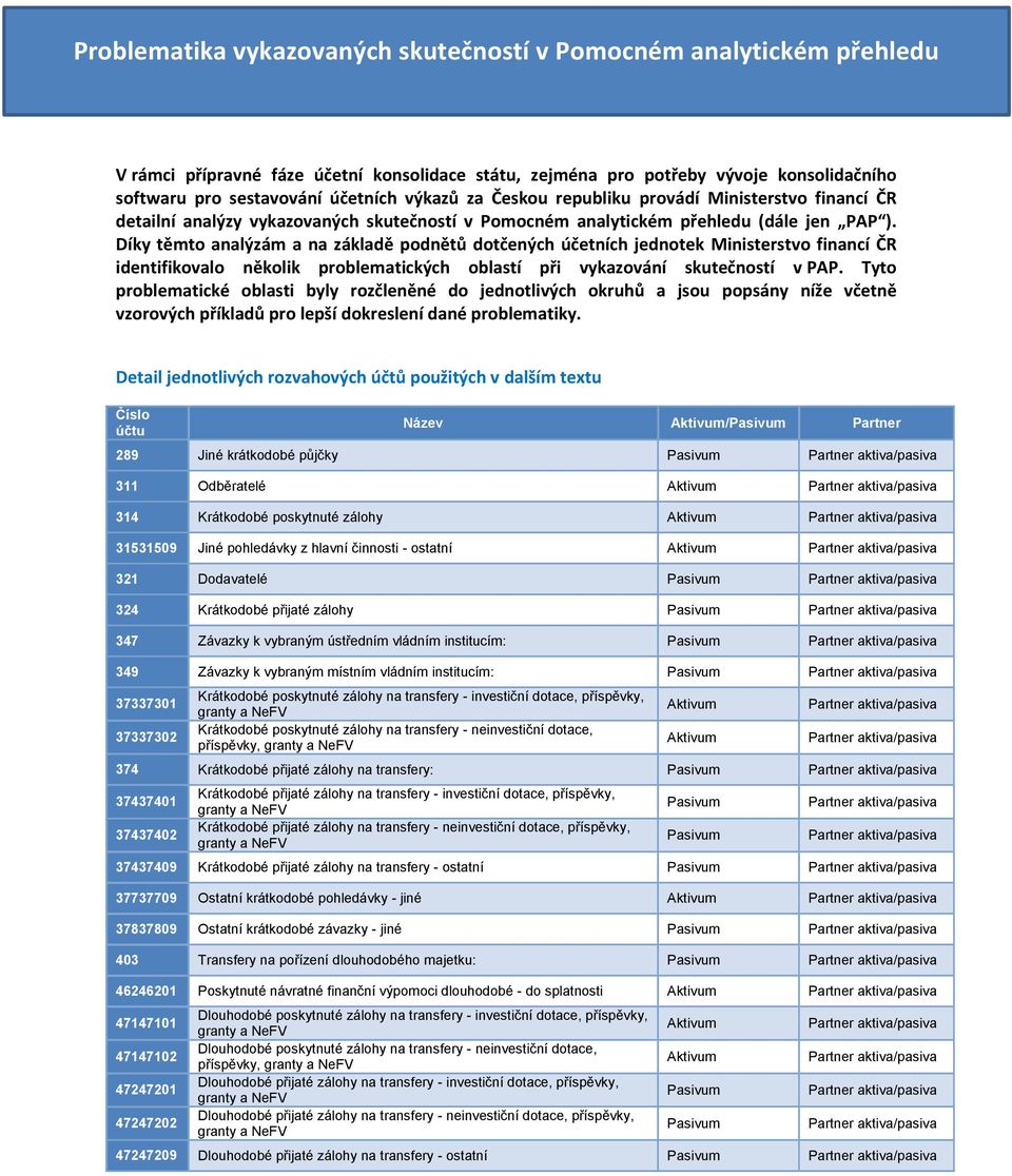 Díky těmto analýzám a na základě podnětů dotčených účetních jednotek Ministerstvo financí ČR identifikovalo několik problematických oblastí při vykazování skutečností v PAP.