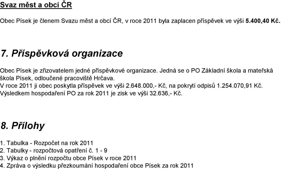 V roce 2011 ji obec poskytla příspěvek ve výši 2.648.000,- Kč, na pokrytí odpisů 1.254.070,91 Kč. Výsledkem hospodaření PO za rok 2011 je zisk ve výši 32.636,- Kč.